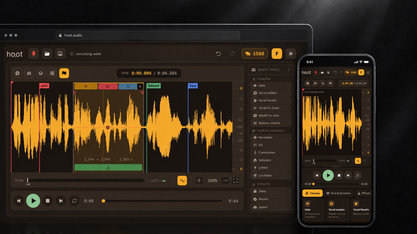 hoot.audio — browser-based audio editor, desktop and mobile