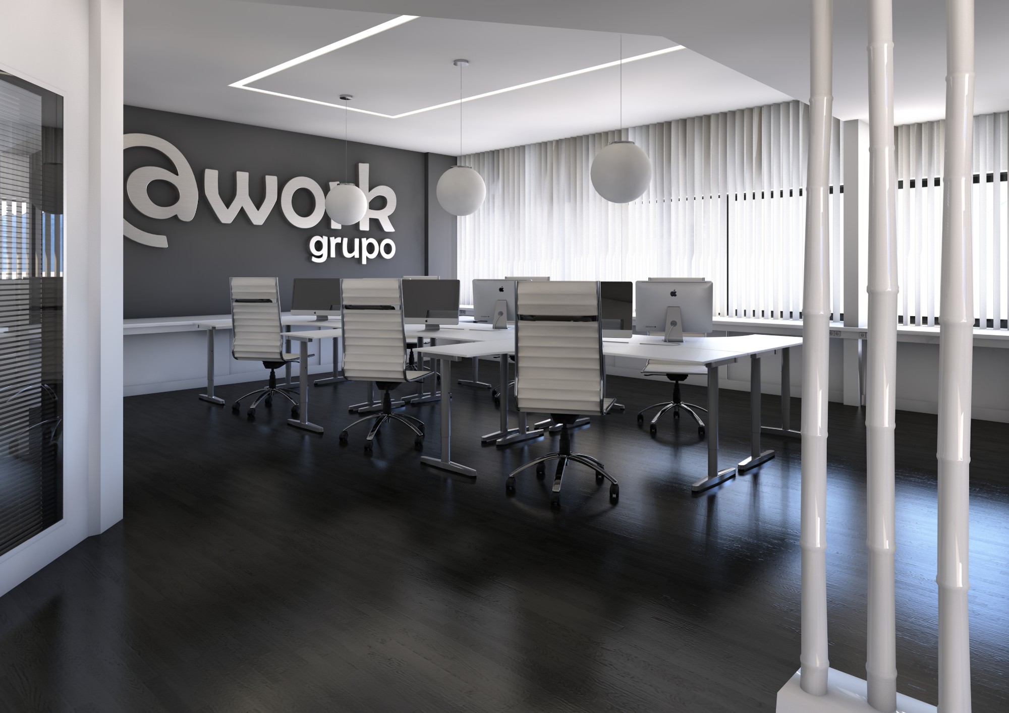 Lisbon office open-plan workspace with the @work wall sign