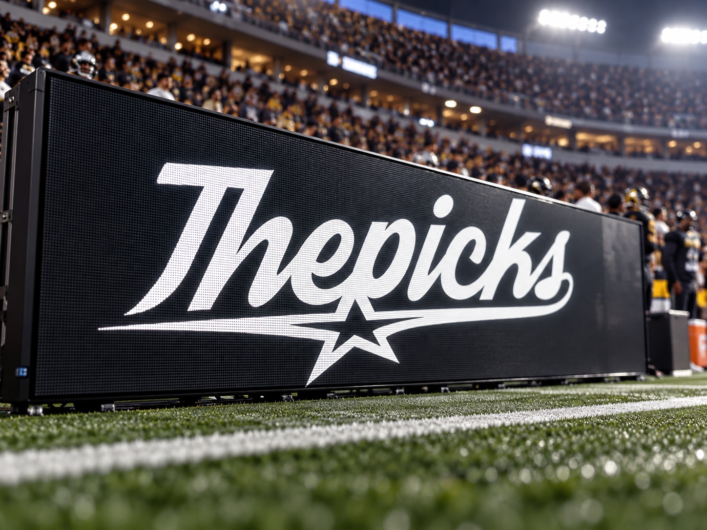 The Picks logotype on a stadium sideline LED board